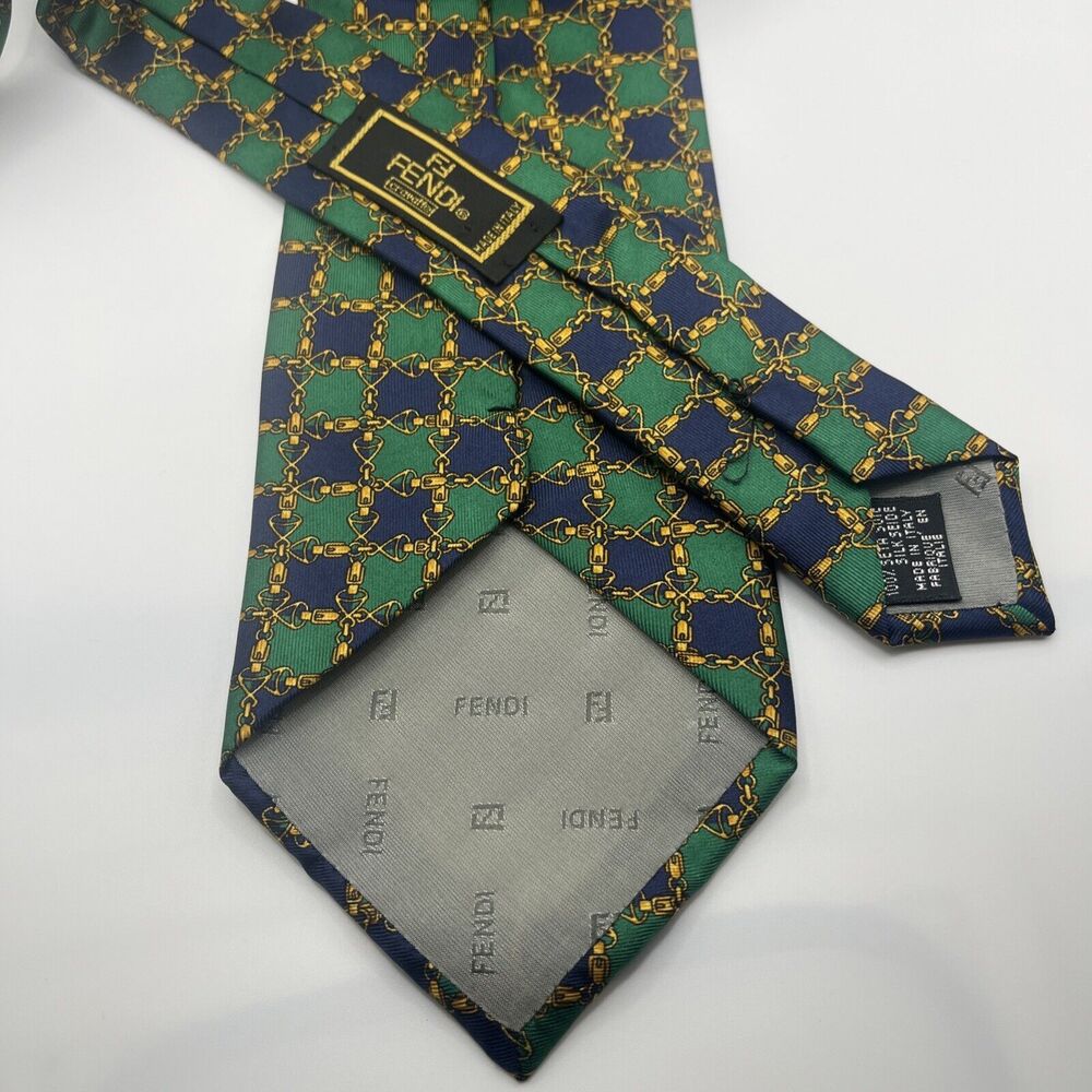 FENDI Mens Blue Green Horsebit LUXURY Designer Silk Necktie Made in Italy